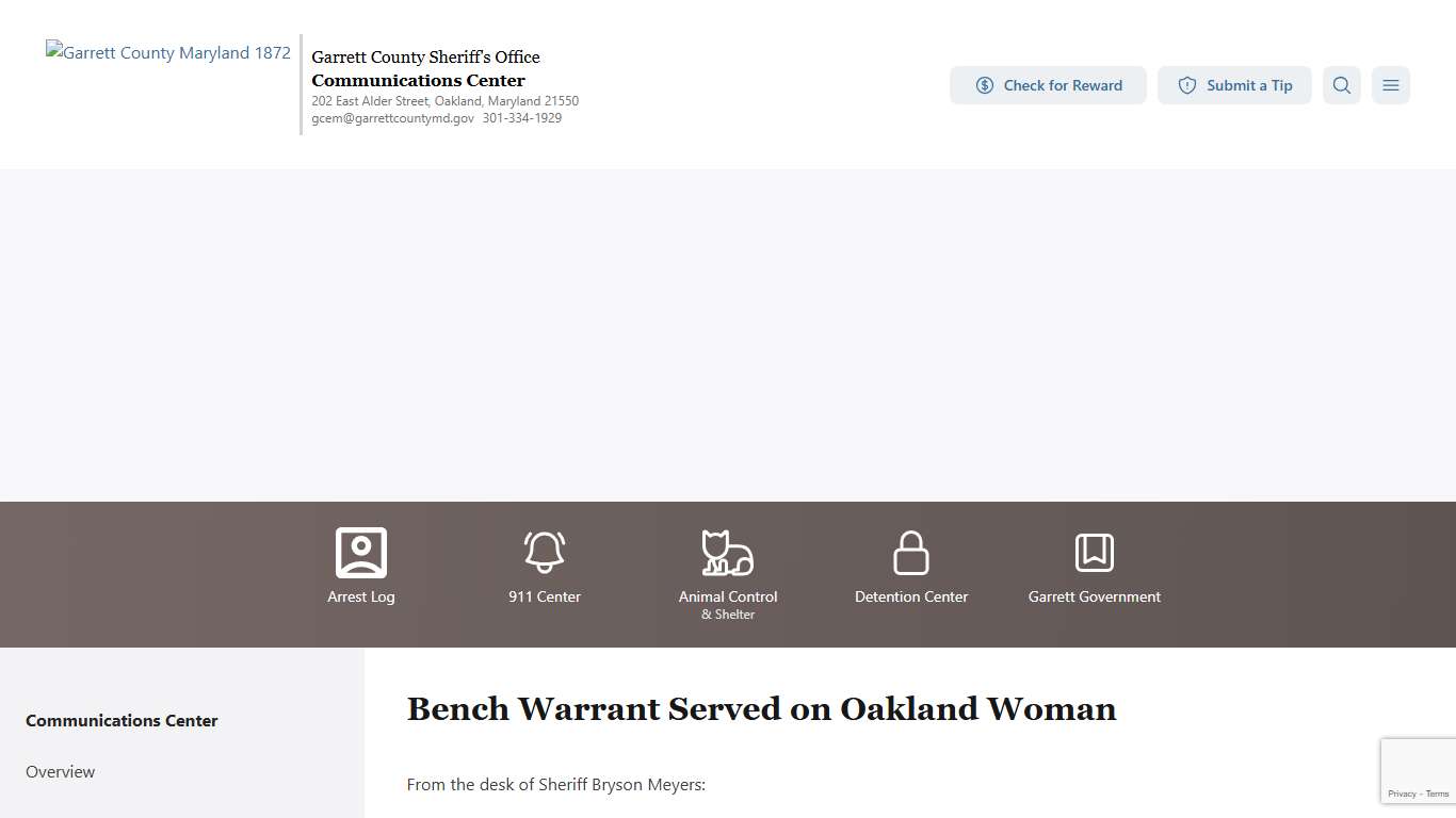 Bench Warrant Served on Oakland Woman Sheriff's Office of Garrett County, Maryland